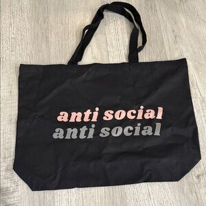 Anti Social Graphic Black Tote Bag with Pink & Gray Logo